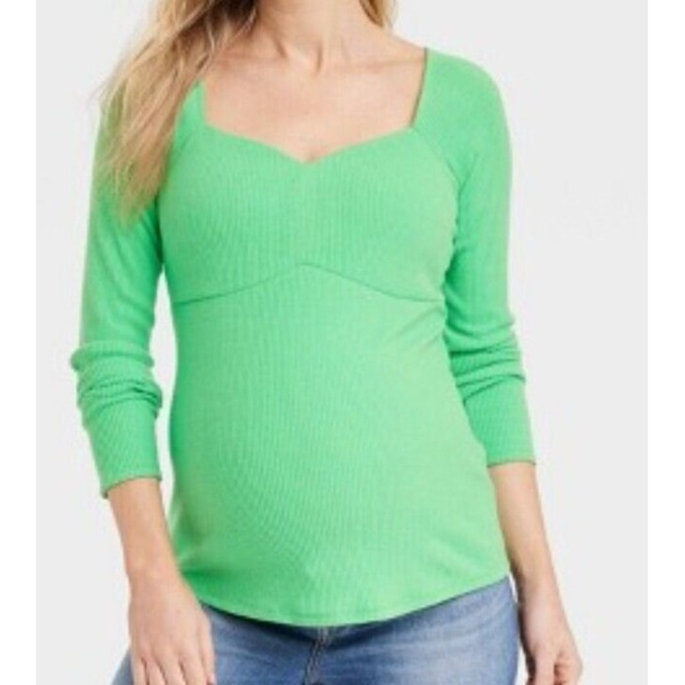 Isabel Maternity Ribbed Corsetry Top Womens size M Long Sleeve Stretch Green